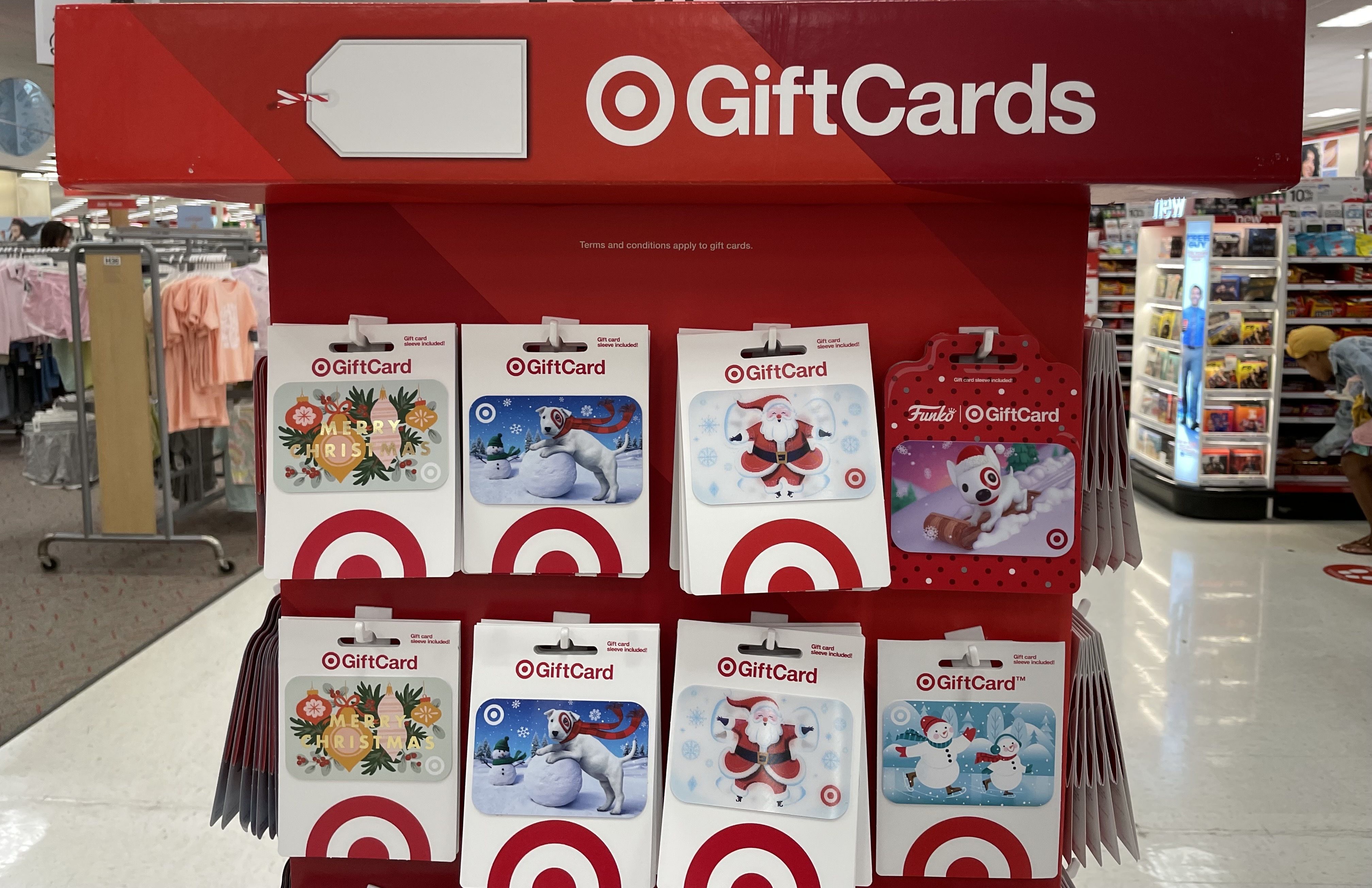 Target gift cards displayed on a red retail fixture